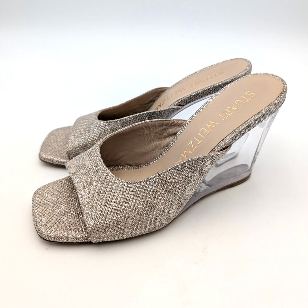 Stuart Weitzman Tia 100 Lucite Wedge Sandals Womens Gold Size US6B EU36.5